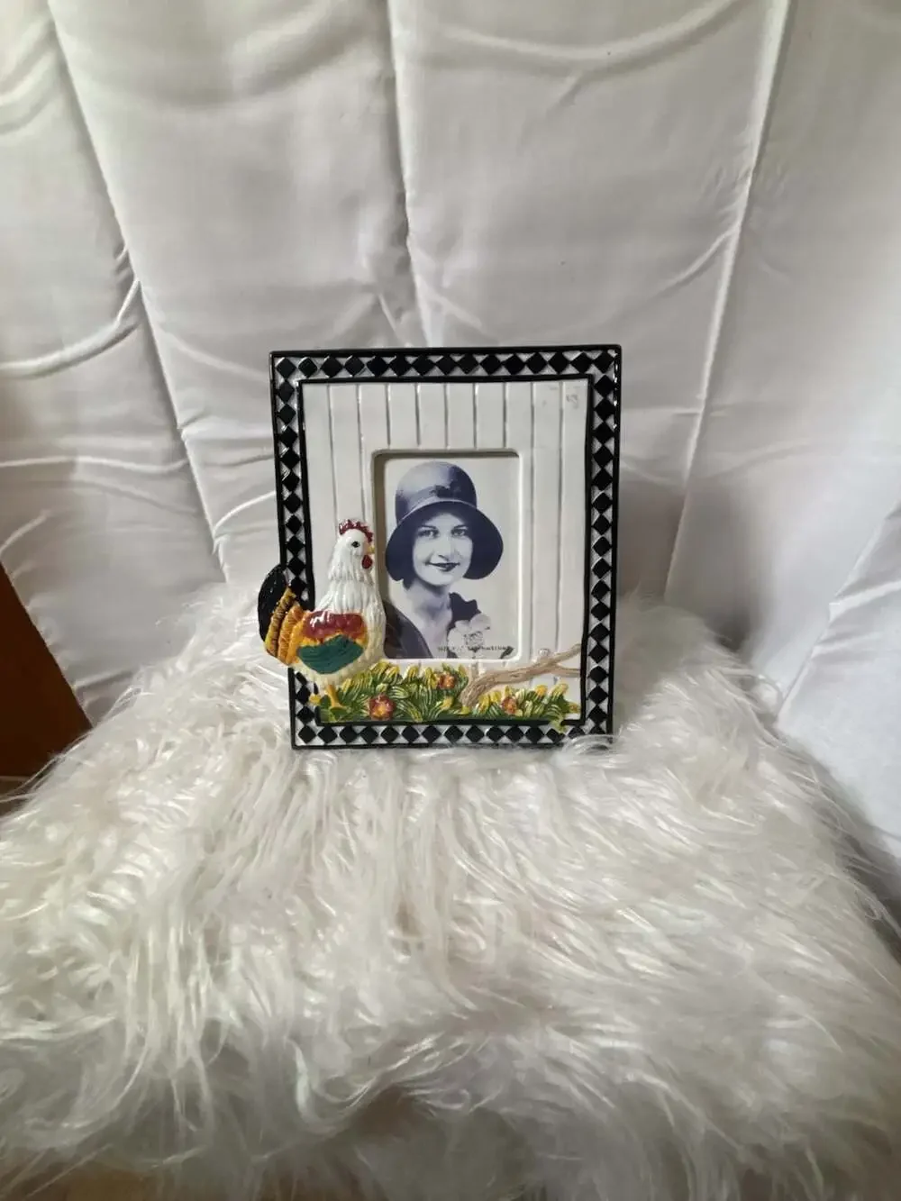 Vintage Ceramic Rooster Picture Frame with Black and White Checkered Border